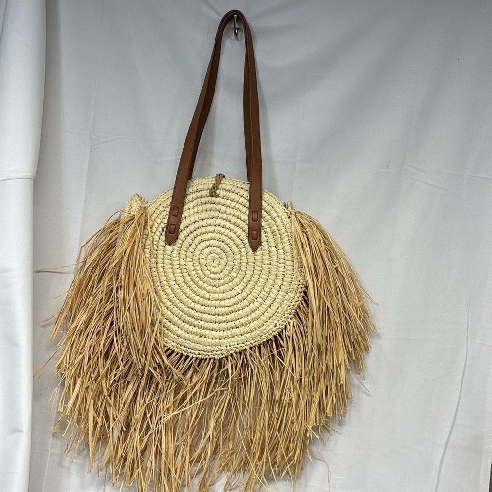 INC Melania Straw Fringe Circle Tote bag boho purse - Picture 6 of 13